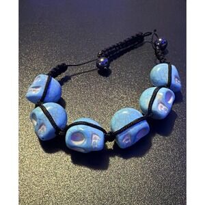 New‎ Skull Bead Adjustable Bracelet Blue Skull Beads Black Braided Cord Gothic